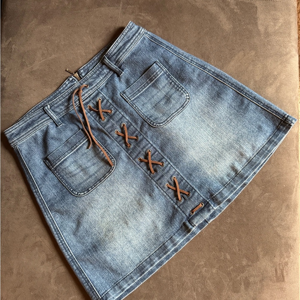 Denim Blue Skirt with Brown Accents